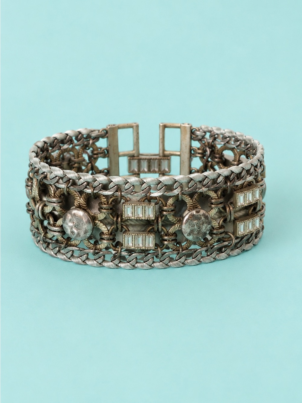 Banana Republic Statement Cuff Bracelet Mixed Metal Crystal Wide Bracelet